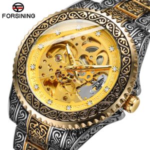 Forsining Men Mechanical Wristwatches Fashion Diamond Automatic Watches Golden Black Skeleton Wrist Watch Luxury Zegarek Męski