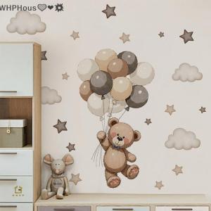 WP💓💛💖 Bear Wall Decals Removable Decor With Balloons Stars & Clouds For Kids Bedroom Baby Nursery