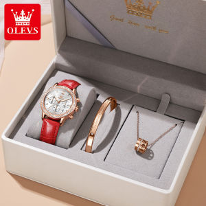 Original OLEVS Watch Set For Women With Bracelet Necklace Leather 30 Meter Water Proof Fashion Elegant Unique Design Sapphire Diamond Dial Luminous Multiple Clock Dial Ladies Watch Free Gift Box- Full red/Full white/Red-gold/White-gold