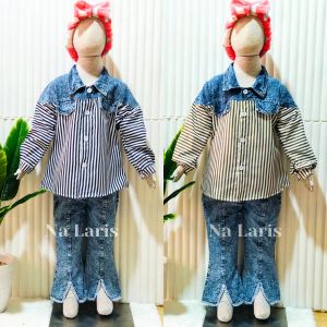 Setelan jeans stripe salur anak perempuan ribbie salur jeans pundak celana cutbray bahan jeans usia 3-10 tahun korean style terbaru 2024/pakaian anak terlaris umur