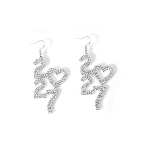 GONOVO Elegant 2027 Digital Earrings Rhinestone Long Drop Happy New Year Earrings Fashion Love Heart Stud Earrings New Year Party