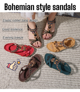 Bohemian sandals Beach shoes Fashion flip-flops Womens summer Rhinestone flat shoes Round toe open-toe flip-flops