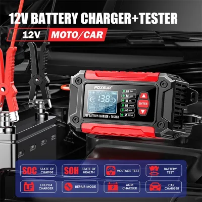 เครื่องชาร์จแบตเตอรี่รถยนต์ foxsur 12V 2 in 1เครื่องชาร์จแบตเตอรี่อัจฉริยะ + เครื่องทดสอบการสนับสนุนสำหรับรถจักรยานยนต์สำหรับรถยนต์โหมดการซ่อมจอแสดงผล LCD
