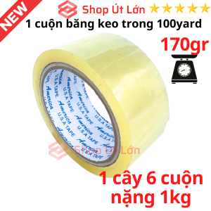 1 Cuộn băng keo trong đục 100yard nặng 170gram rộng 4.7cm lõi 5mm 1 cây có 6 cuộn nặng 1kg