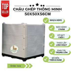 Chậu trồng cây kích thước 50x50x55cm nhựa tốt HDPE 2 mầu Ghi - Trắng