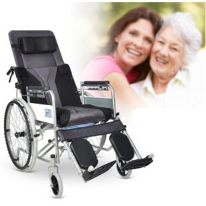 รถเข็นผู้ป่วย แบบปรับเอนนอน รุ่นใหม่ (ปรับโดยใช้โช็ค) รถเข็นผู้ป่วย เก้าอี้รถเข็นปรับนอนได้ Wheelchair เบาะรังผึ้งสีน้ำเงิน เหมาะสำหรับผู้สูงอายุ ผู้ป่วย คนพิการ พับเก็บได้ ปรับได้ 6 ระดับ แข็