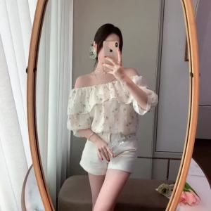 Ammin 2024 mùa hè mới áo cánh vải voan ngắn tay cổ tròn peplum ngọt Áo Blouse thanh lịch in hoa cây phong cách Hàn Quốc của phụ nữ