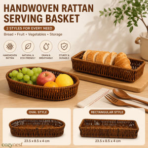 Handwoven Rattan Serving Basket 2 Styles Bread Fruit Vegetables Drain Storage for Kitchen Table