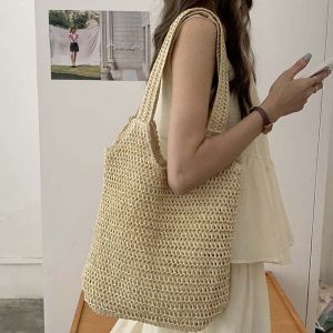 G5Q1 Sweet Woven Tote Bag Breathable Hollow Out Summer Beach Handbag Solid Color Large Capacity Shopping Straw Bag Female
