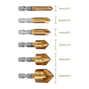 AumoPro 6Pcs Mũi Khoan Bộ Dụng Cụ Kìm 1/4 Lục Giác Chân HSS 5 Mũi Khoan Ống Sáo Cutter 90 Độ Gỗ Cắt Vát Góc Chamfering Tay Cầm Hình Lục Giác Mạ Titan Cắt Vát Góc Reaming Chamfering Cạo Mũi Khoan Mở 6Mm-19Mm