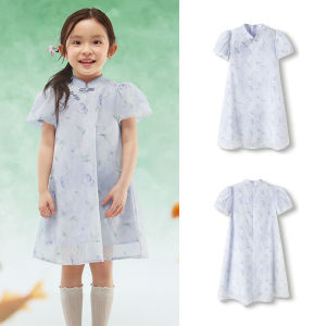 balabala Girl Dress 2025 New Children Dress Summer Delicate Mandarin Collar Dress