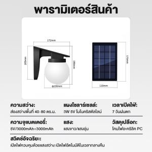 ไฟโซล่าเซลล์ โคมไฟผนังภายนอก โคมไฟติดผนังโซล่าเซลล์ เปิดได้ 3 แสง ระบบสว่างค้าง กันน้ำกันฝนIP65