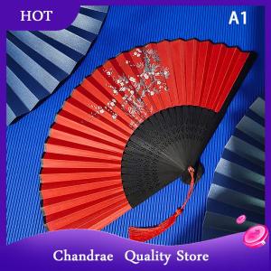 [Chandrae] Vintage Chinese Style Folding Fan bamboo hand fan Wooden Shank Classical Dance Fan with Tassel Elegent Female Fan Home Decor