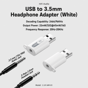 ADAM 24bit 96KHz Bộ chuyển đổi USB sang tai nghe 3.5mm Không cần trình điều khiển HiFi Bộ chuyển đổi âm thanh USB Nhỏ gọn Ctia TRRS Bộ chuyển đổi USB-A sang tai nghe Cuộc họp video