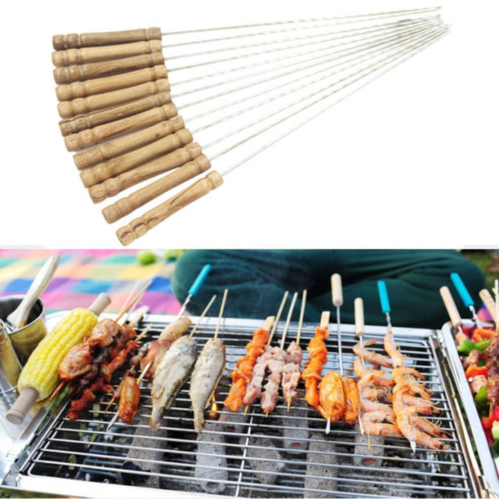 2L15ridchardshop 10PCS Barbecue Skewers Wooden Handle Stainless Steel BBQ  Round Needle Stick Shish Kebab Grilling Lazada PH