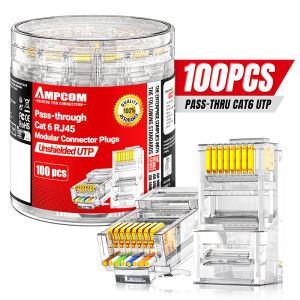 AMPCOM RJ45 Modular Plug in Canister Packaging Pass-Thru CAT6 Connector UTP 3μ 8P8C Crimp End for Ethernet Cable100/50/30PCS