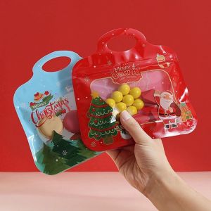 MODERNLUX 10PCS with Handle Christmas Snack Bags Resealable Transparent Window Self-Seal Treat Bags  Christmas Tree Print Gift Bags Christmas Party Supplies