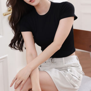 【SG stock】 Premium Cotton Round Neck Cropped Bra Top Padded Top T-shirts Short Sleeve Crop Top BT63