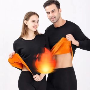 Ready stock）Thermal underwear for men and women long underwear for autumn and winter golden velvet thermal underwear soft double-sided velvet thickened tops thickened trousers tops + pants/suits