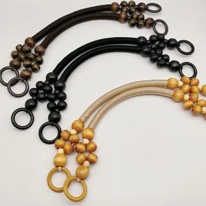 Wooden Nylon Rope Bead Braided Handbag Handles Bag Handle Retro Rope Weave Wooden Bead Handles Wooden Bead Bag Handles for DIY Braided Shoulder Belt Bags Strap Handbags Accessories