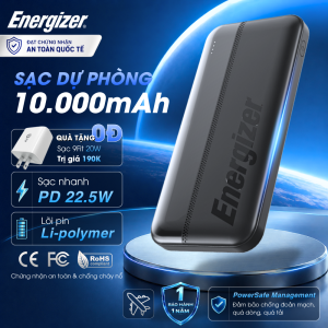Pin sạc dự phòng Energizer 10000mAh/ 3.7V - 3 cổng sạc tiện lợi tích hợp sạc nhanh hai chiều bảo hành 1 đổi 1