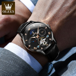 OLEVS Luxury Fashion Leather Automatic Mechanical Watch for Men Moon Phase Calendar Luminous Tourbillon Watch