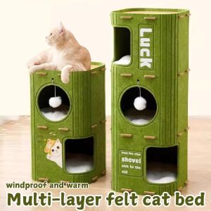 Durable All-Season Felt Treehouse Cat Bed Cat Bed All-Season Cat Tree & Scratching Post – 3-Tier Enclosed Cat House with Climbing Perch Hideout Cave and Scratch green/grey