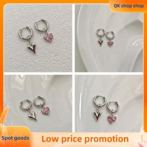 ✨QK shop✨ Sweet Pink Zircon Heart-shaped Pendant Earrings For Women Simple Geometric Circular Ear Buckle Fashion Jewelry Accessories Gift