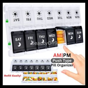READY STOCK Bekas Simpan Ubat Pil 7 Hari Pill Box Organizer 7 Day 2 Times a Day Weekly Medicine Pill Container Case Push Button Type Pop Open Design Rainbow Black White
