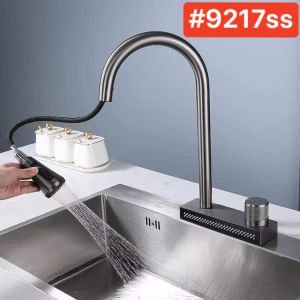 Kitchen Faucet with Pull Down Sprayer Stainless Steel Brushed Nickel Waterfall Faucet Farmhouse Commercial Bar Waterfall Kitchen Sink HOT AND COLD