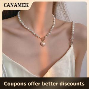 【 CANAMEK 】 Korean Elegant Jewelry Pearl Necklace Ladies Rhinestone Shell Heart Pendant