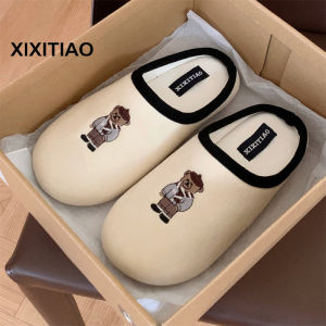 XIXITIAO Personality ins Embroidered Bear Cotton Slippers for Men and Women Closed-Toe Couples Spring and Summer Home Silent Maternity Floor Shoes