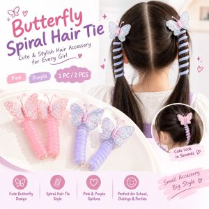 Butterfly Spiral Hair Tie for Girls Cute Elastic Coil Ponytail Holder with Butterfly Decoration Pink Purple Hair Accessory for Kids Teens & Women Sweet Hair Tie for School Daily Wear & Parties 1PC/2PCS