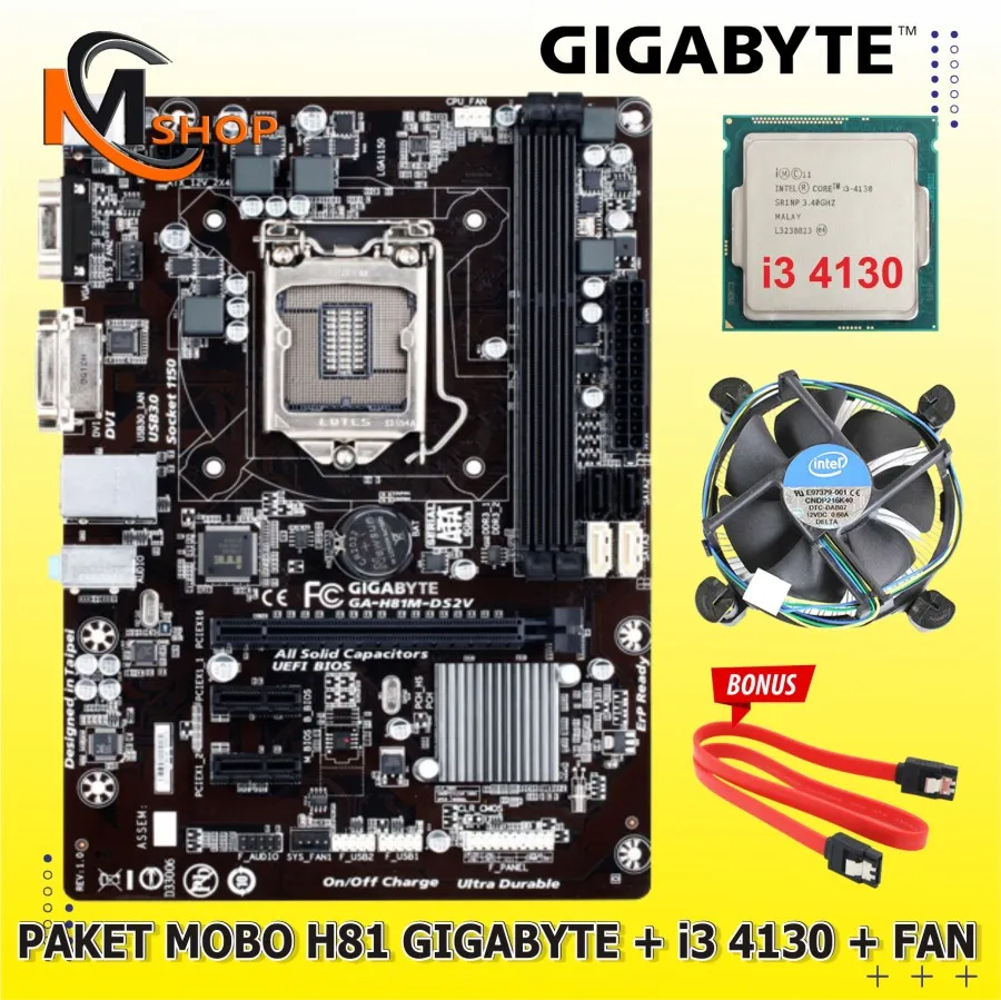 Paket Motherboard Mobo H81 Intel Gigabyte LGA 1150 Processor Core i3 4130  Fan