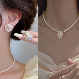 Camellia Pearl Stud Earrings Necklace Fashion Jewelry Korean Style Simple Jewelry
