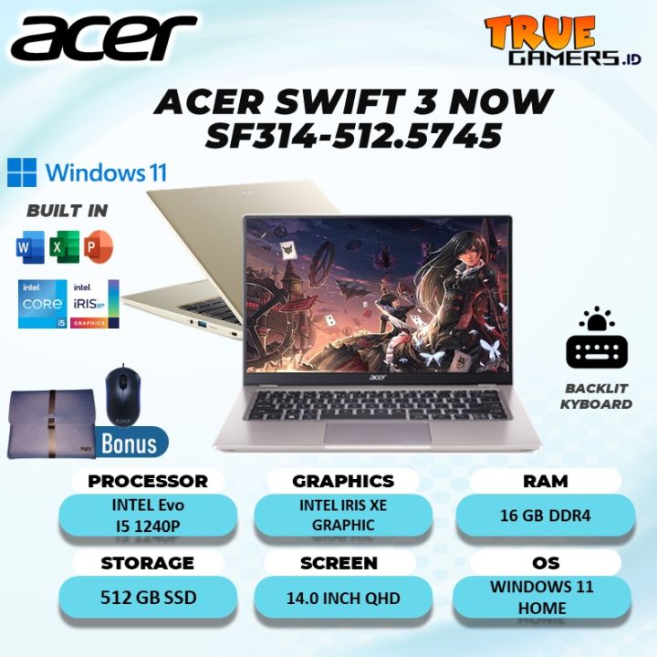 LAPTOP ACER SWIFT SF314 EVO I5 1240P RAM 16GB 512GB SSA GARANSI