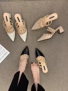 [Free Shipping] Soft leather dual-use closed-toe mules 2026 summer new versatile high-heeled chunky heel sandals for women suitable for both indoor and outdoor wear