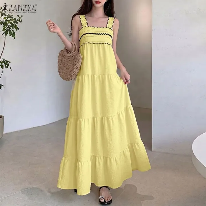 sun dresses long Womens Summer Maxi Dress Smocked Tank Casual Flowy Tired Dresses Sleeveless Vacation Beach Sundresses Beige at Amazon Women's Clothing store Add a wide Mist | Sun Dress Long