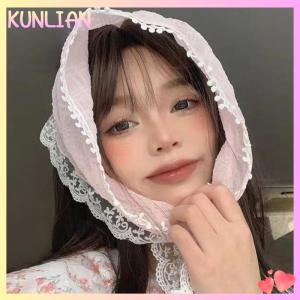 [KUNLIAN] French Style Lace Flower Pattern Triangular Scarf Headband Lolita Silk Scarf Headdress Turban Womens Fashion Hair Accessories