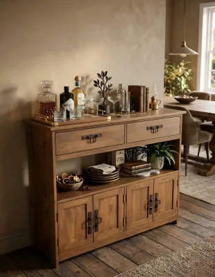 Solid Wood 2 Door Mini Buffet Table with 2 Drawer and Open Layer Shelf