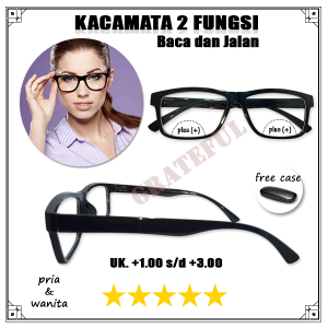 BONUS BOX - Kacamata Memiliki 2 Fungsi Yaitu Bisa Normal/ Jalan & BisaPlus/Baca Rabun Dekat (UKURAN +1.00 S/D +3.00 Cocok Untuk Pria Wanita Warna Frame Hitam Kotak Lebar Gaya Simple Natural Sporty - FOTO REALPICT