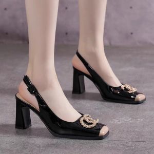 Womens square head metal buckle thick patent leather heels