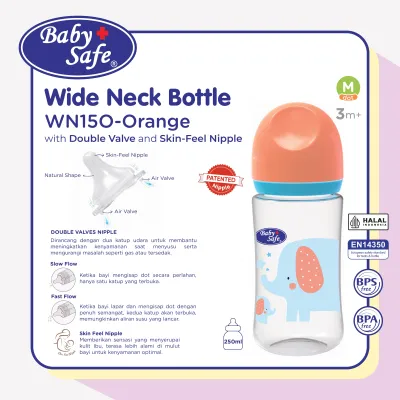 BabySafe - WN15O - Botol Susu Bayi Wide Neck - Skin Feel Nipple 250 ml (Orange)