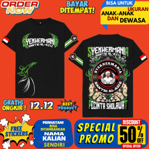 KAOS SYEKHERMANIA(SANTRI AL-AZIS)LENGAN PENDEK UKURAN ANAK DAN DEWASA"FREE STIKER"