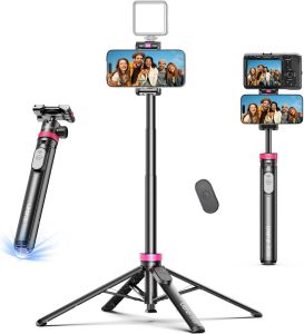 ULANZI MT-44B Phone Tripod 59 Auto Open Phone Stand Dual Camera Set up 360 ° Ball Head Extendable Selfie Stick w Cold Shoe Stable Four-Leg for Filming Vlog Travel Family Gatherings