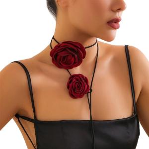 Exaggerated Rose Flower Pendant Short Choker for Women Black/White/Red Adjustable Chain Valentines Day Wed