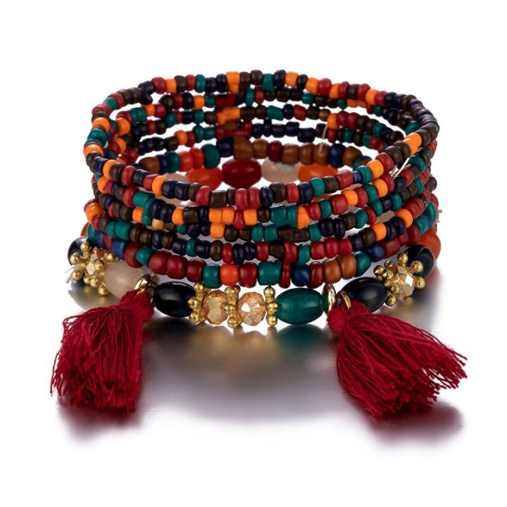 Pcs Bohemian Beaded Bracelet Set For Women Tassels Charm Colourful Seed Beads Chain Bangle