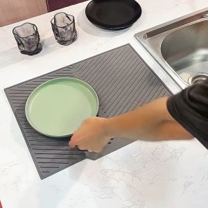 Silicone Drain Pad Drying Mat Pots Dish Drain Mat Draining Pad Diversion Opening Slope Dish Cup Storage Pad Bathroom Water Filter Pad Non-Slip Mat Kitchen Unit Heat