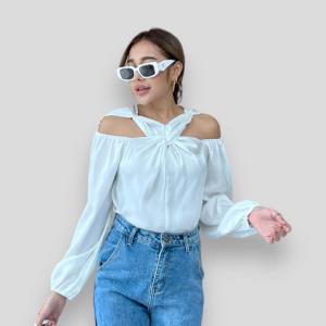 เสื้อเบลาส์แบบยาว ผู้หญิง  ผ้าซาติน แขนพอง เปิดไหล่ คล้องคอ แขนยาว รุ่น 160601