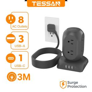 TESSAN Surge Protector Power Strip Vertical Tower with USB and 8 Outlets 3 Meter Extension Cord  8 Way Extension Socket Flat Plug Power Bars All-in-one Desk Charging Station Power Adapter Plug Extension Splitter Charger for Dorm Home Office Accessories